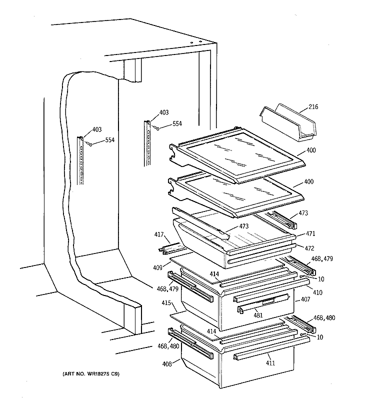 FRESH FOOD SHELVES Diagram and Parts List for TFX22ZPBCAA  General Electric Refrigerator