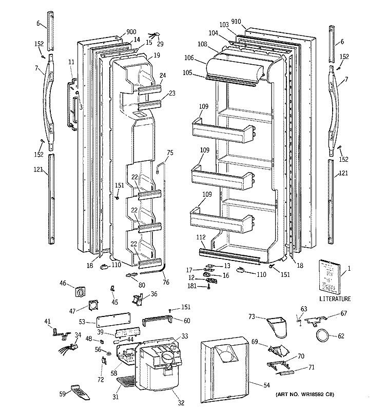 DOORS Diagram and Parts List for MSZ20BWBCWW  General Electric Refrigerator