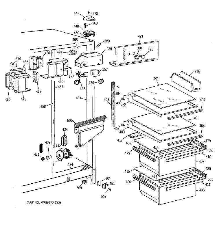 FRESH FOOD SECTION Diagram and Parts List for MSZ20GABCWW  General Electric Refrigerator
