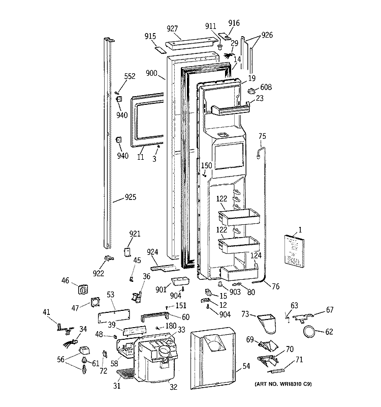 FREEZER DOOR Diagram and Parts List for TPX24BRBCBB  General Electric Refrigerator