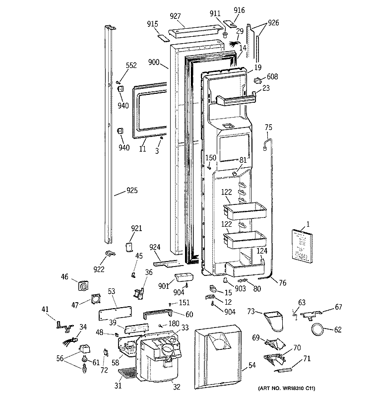 FREEZER DOOR Diagram and Parts List for TPX24BPBBWW  General Electric Refrigerator