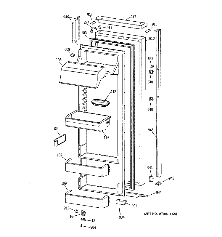 FRESH FOOD DOOR Diagram and Parts List for TPX24BPBBWW  General Electric Refrigerator