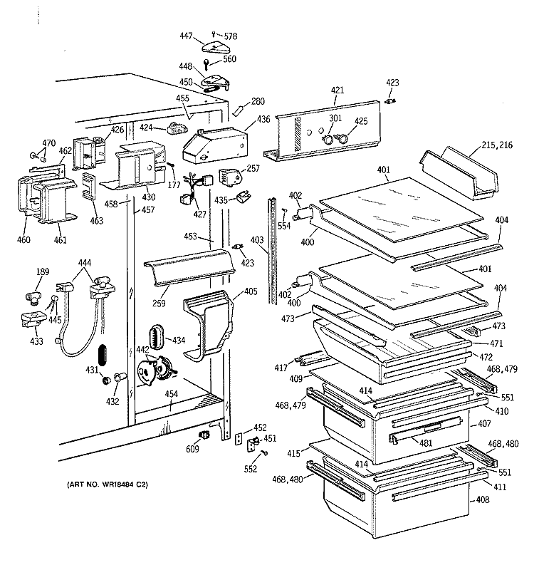 FRESH FOOD SECTION Diagram and Parts List for TFJ22JABCWW  General Electric Refrigerator