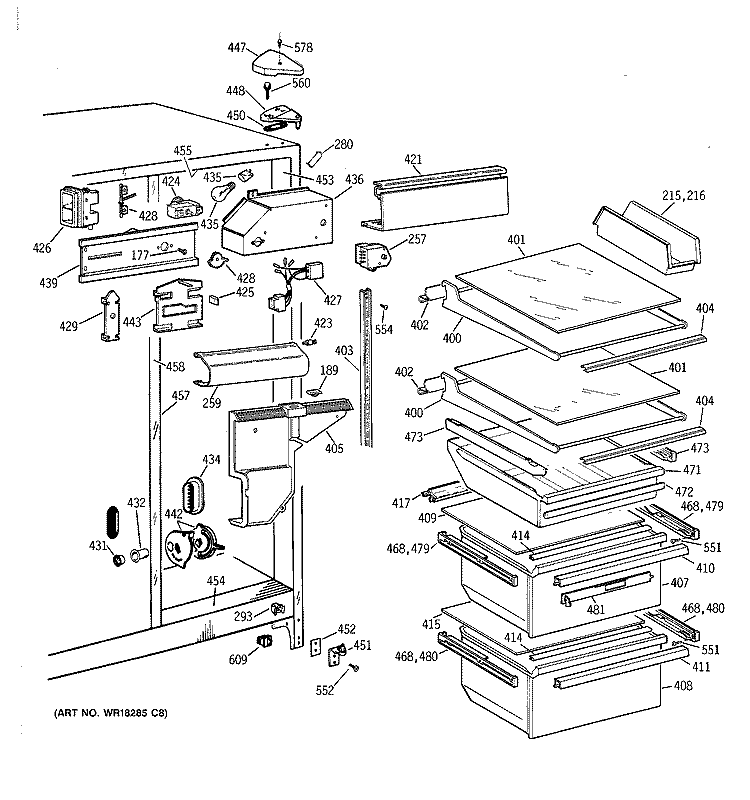 FRESH FOOD SECTION Diagram and Parts List for TFT22JABCAA  General Electric Refrigerator