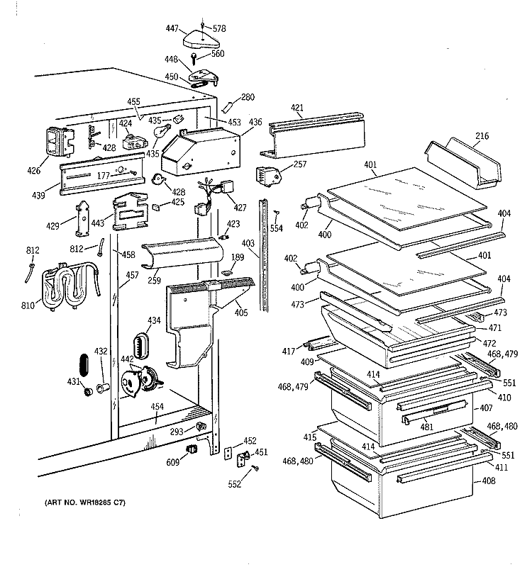 FRESH FOOD SECTION Diagram and Parts List for TFT22JWBCAA  General Electric Refrigerator