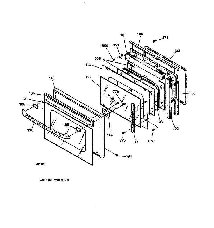 UPPER OVEN DOOR Diagram and Parts List for JKP27BA1BB  General Electric Wall Oven