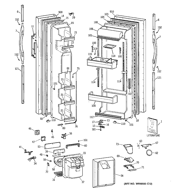 DOORS Diagram and Parts List for TFT25JWBCWW  General Electric Refrigerator