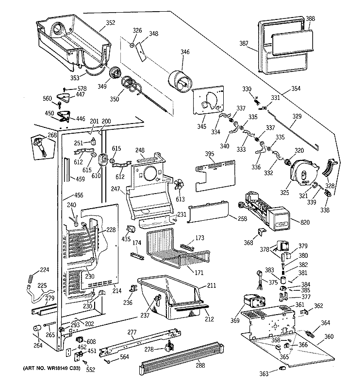 FREEZER SECTION Diagram and Parts List for TFT25PRBCWW  General Electric Refrigerator