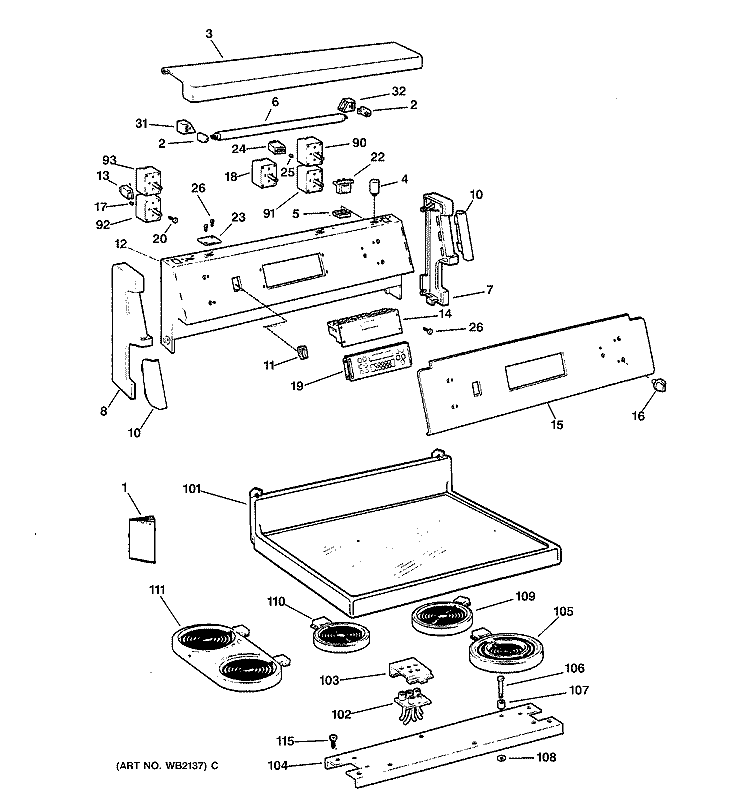 CONTROL PANEL & COOKTOP Diagram and Parts List for JB970SB1SS  General Electric Range
