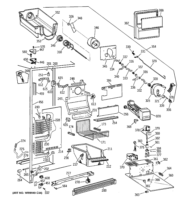 FREEZER SECTION Diagram and Parts List for TFK25PRBCWW  General Electric Refrigerator