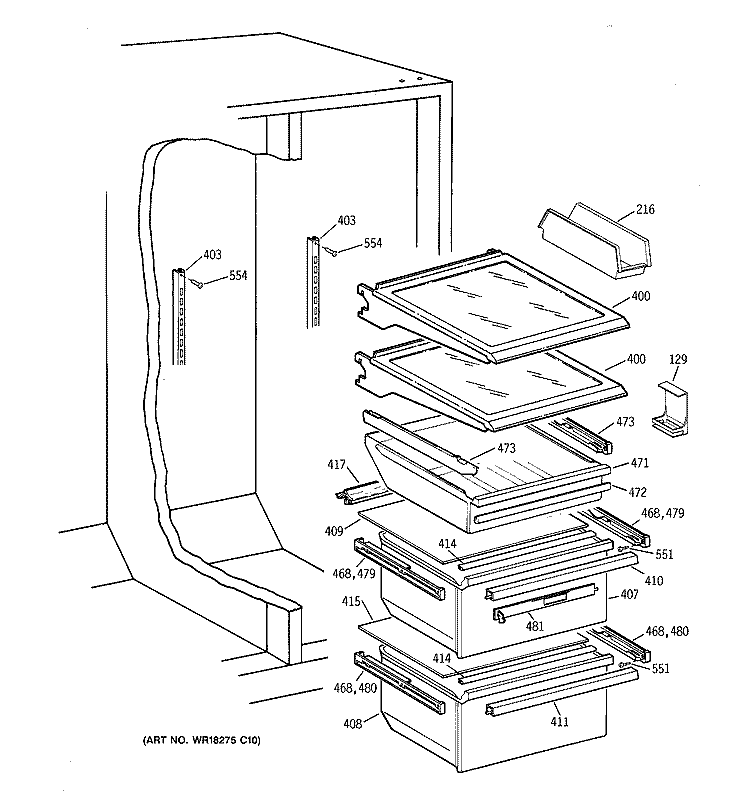 FRESH FOOD SHELVES Diagram and Parts List for TFX25VRBCWW  General Electric Refrigerator