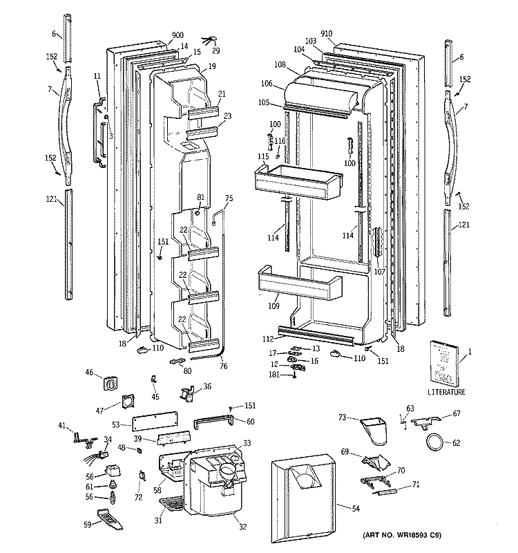 DOORS Diagram and Parts List for MSG25GRBCWW  General Electric Refrigerator