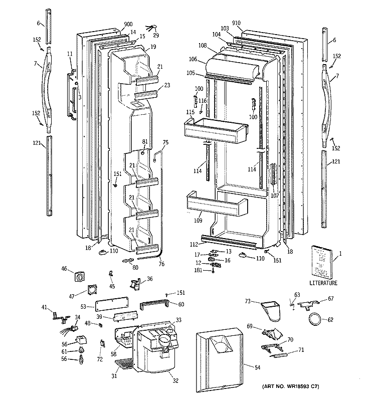DOORS Diagram and Parts List for MST25GRBCWW  General Electric Refrigerator