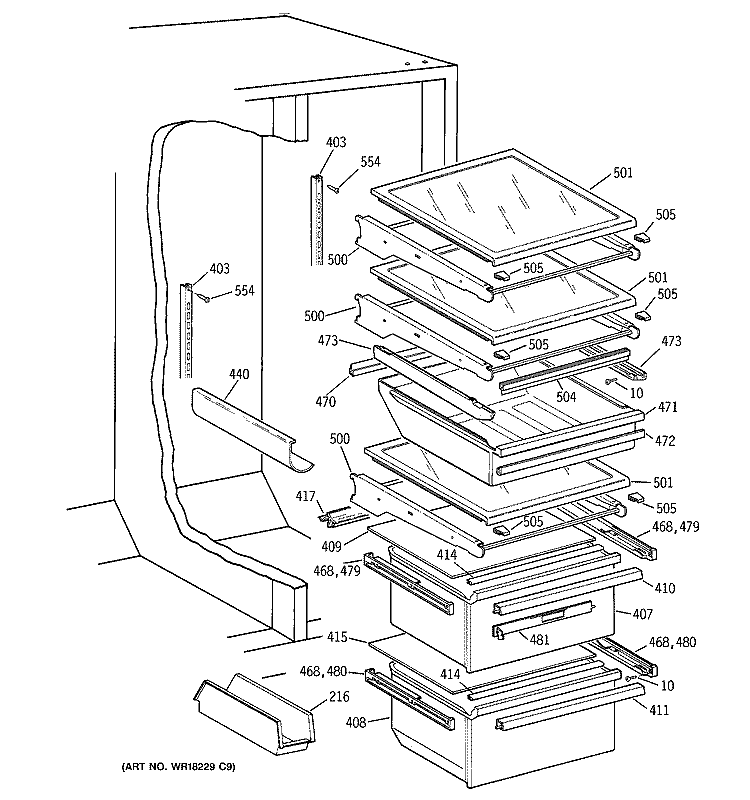 FRESH FOOD SECTION Diagram and Parts List for MSK30DHBCAA  General Electric Refrigerator