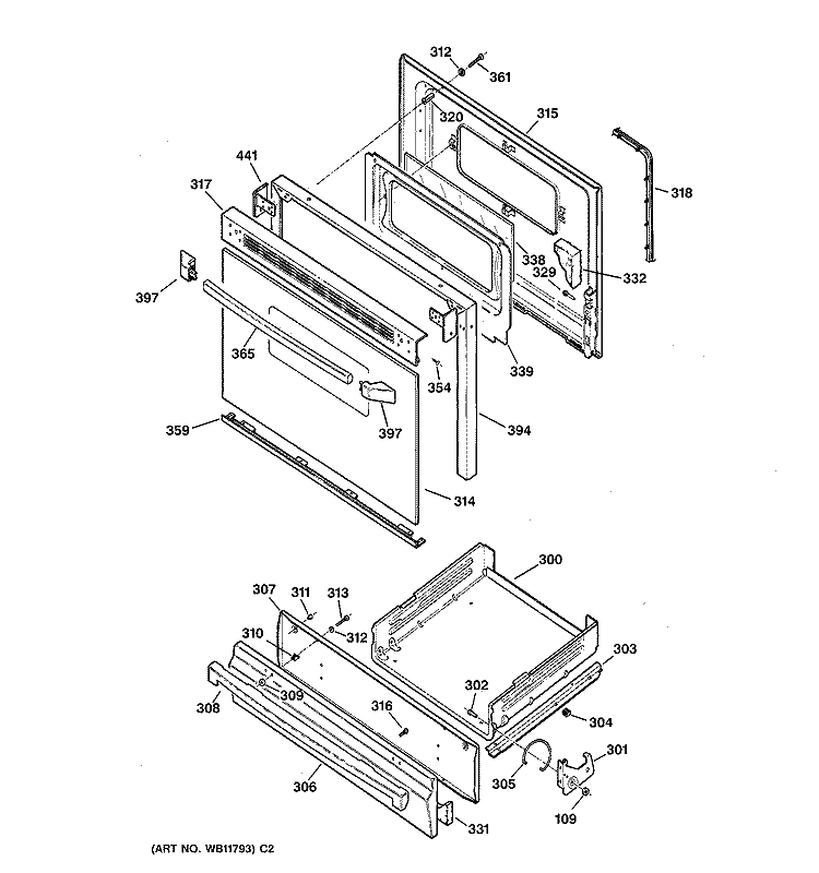 DOOR & DRAWER PARTS Diagram and Parts List for JGBS20WEA1WW  General Electric Range
