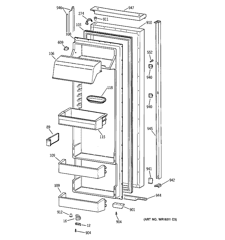 FRESH FOOD DOOR Diagram and Parts List for TPX24BIBABB  General Electric Refrigerator