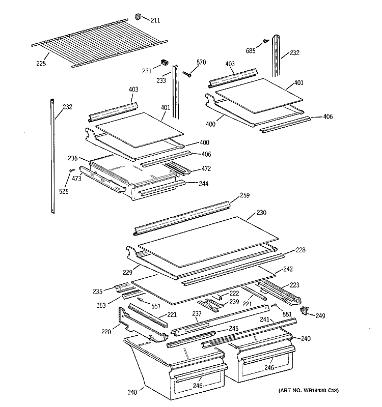 SHELF PARTS Diagram and Parts List for TBX21NIBRRWW  General Electric Refrigerator