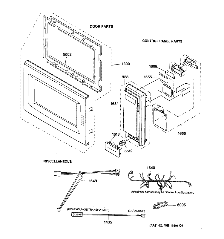 DOOR, CONTROL PANEL & WIRING Diagram and Parts List for JE1040GB01  General Electric Microwave