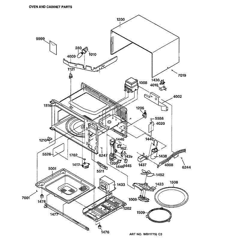 BOTTOM PLATE & INTERNAL PARTS Diagram and Parts List for JE1040GB01  General Electric Microwave