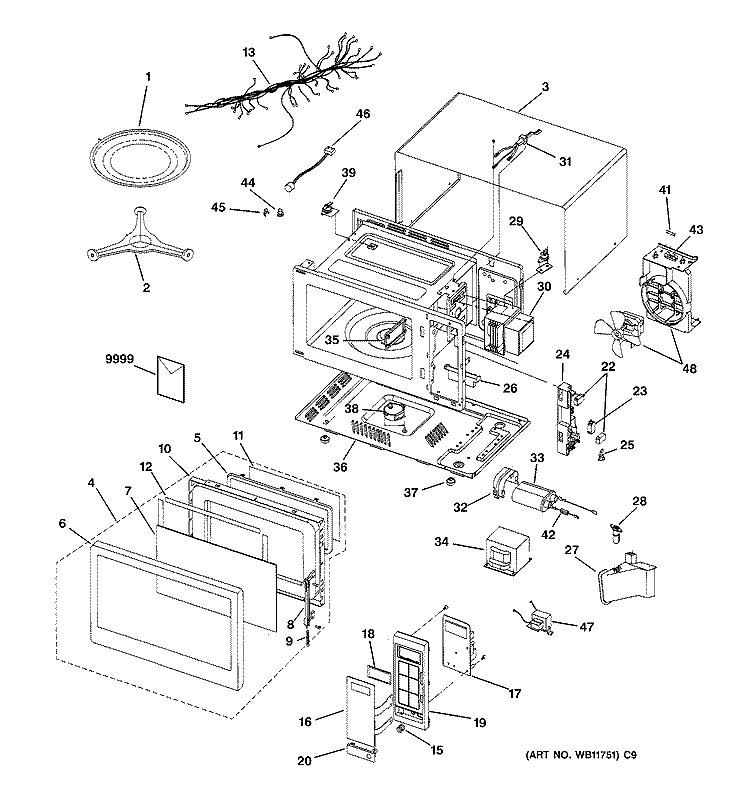 Section Diagram and Parts List for JE1640GB01  General Electric Microwave