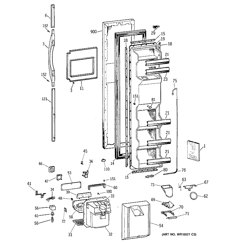 FREEZER DOOR Diagram and Parts List for TFX25QRCBWW  General Electric Refrigerator