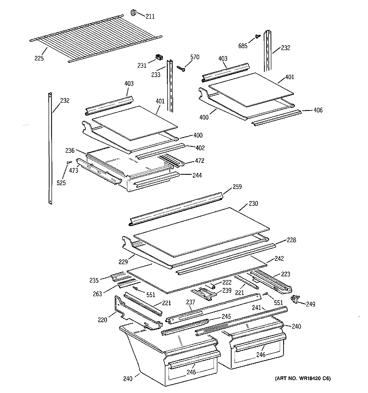SHELF PARTS Diagram and Parts List for TBX21NIXURAA  General Electric Refrigerator