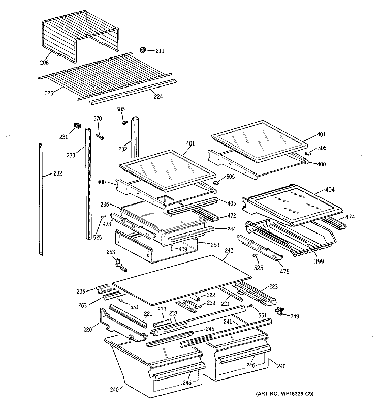 SHELF PARTS Diagram and Parts List for TBX22PIBRRAA  General Electric Refrigerator
