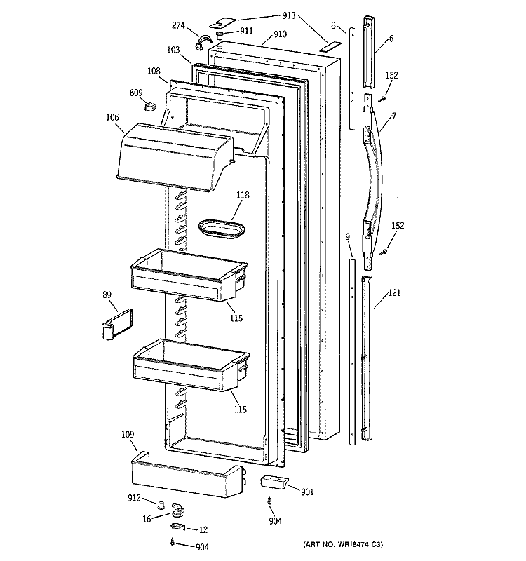 FRESH FOOD DOOR Diagram and Parts List for TFX28PPCBAA  General Electric Refrigerator