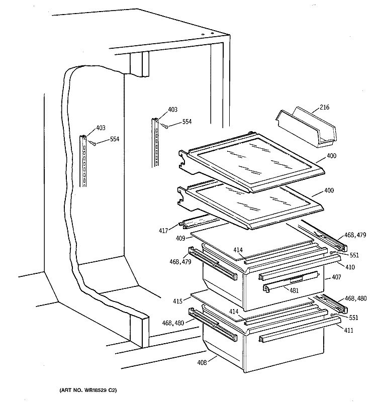 FRESH FOOD SHELVES Diagram and Parts List for TFX25KRCCWW  General Electric Refrigerator