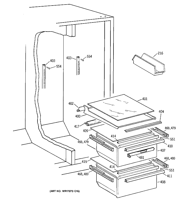 FRESH FOOD SHELVES Diagram and Parts List for TFX25JPCCWW  General Electric Refrigerator