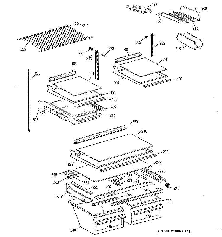 SHELF PARTS Diagram and Parts List for TBT21IABTRAA  General Electric Refrigerator