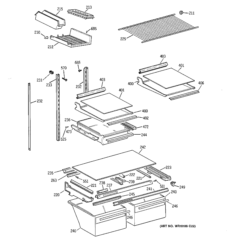 SHELF PARTS Diagram and Parts List for TBT24JABTRAA  General Electric Refrigerator