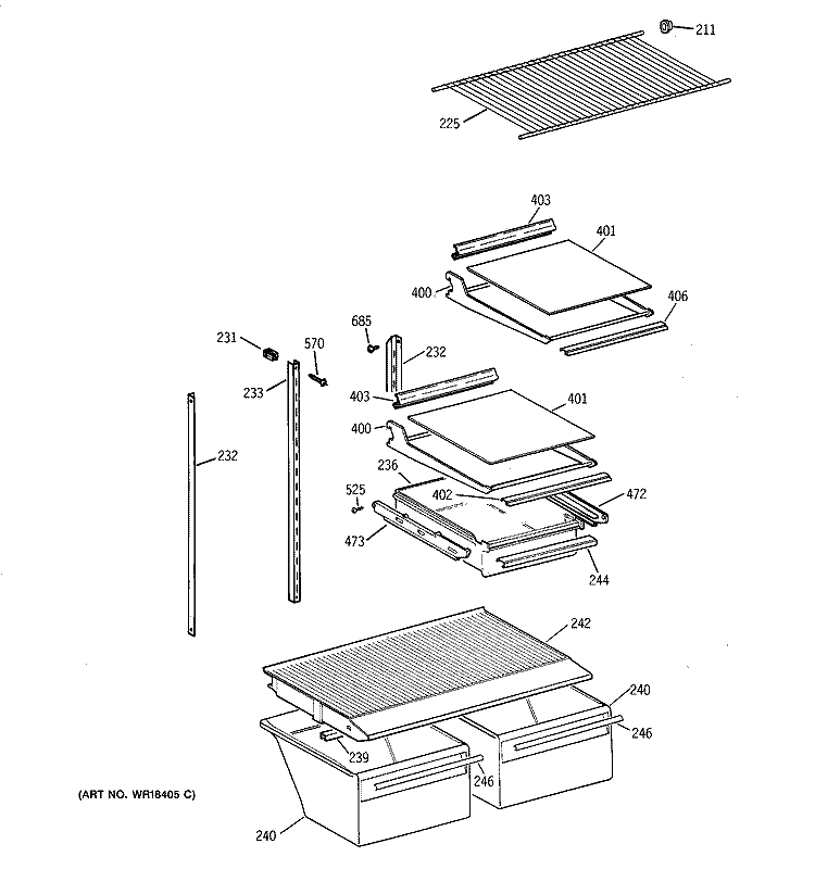 SHELF PARTS Diagram and Parts List for TBI18JIBURWW  General Electric Refrigerator