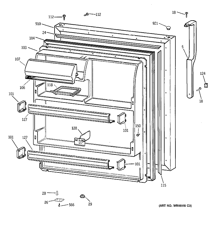 FRESH FOOD DOOR Diagram and Parts List for TBT18JABURWW  General Electric Refrigerator