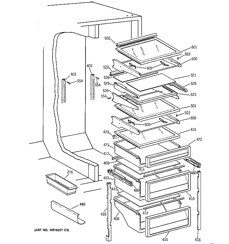 FRESH FOOD SHELVES Diagram and Parts List for TPG21BRCCWW  General Electric Refrigerator