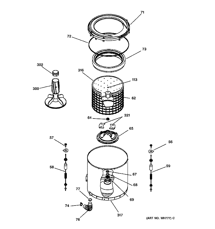 SUSPENSION, TUB, BASKET & AGITATOR Diagram and Parts List for VLLR1020T1WO  Hotpoint Washer