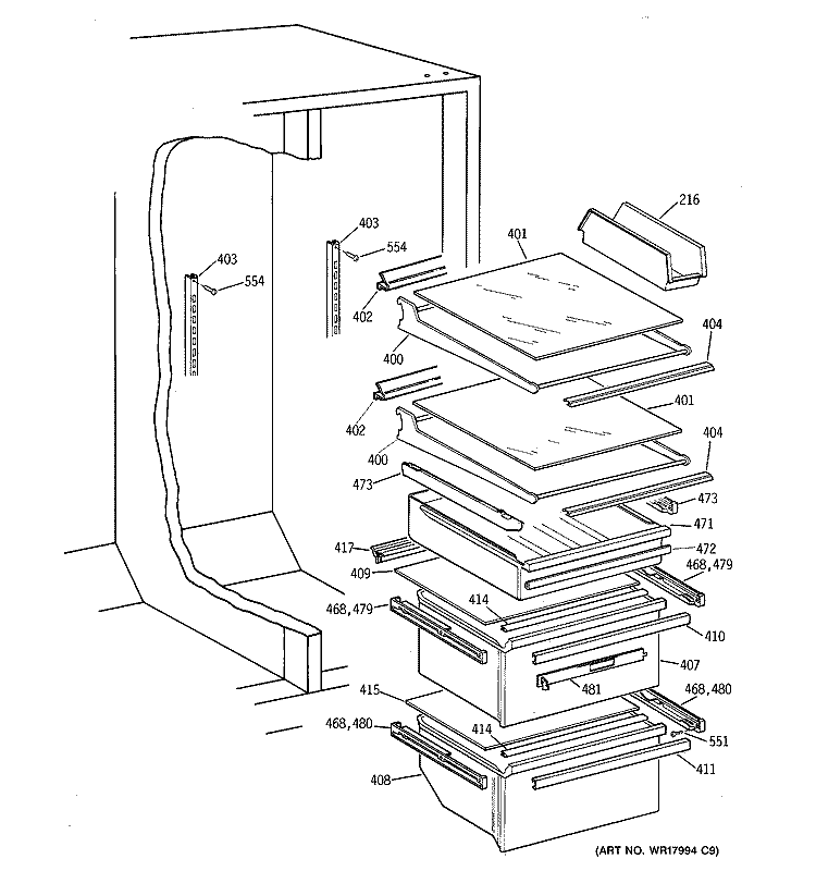 SHELF PARTS Diagram and Parts List for MSG28DHCCWW  General Electric Refrigerator