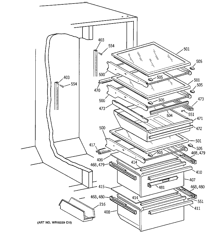 FRESH FOOD SECTION Diagram and Parts List for MSK28DHBCWW  General Electric Refrigerator