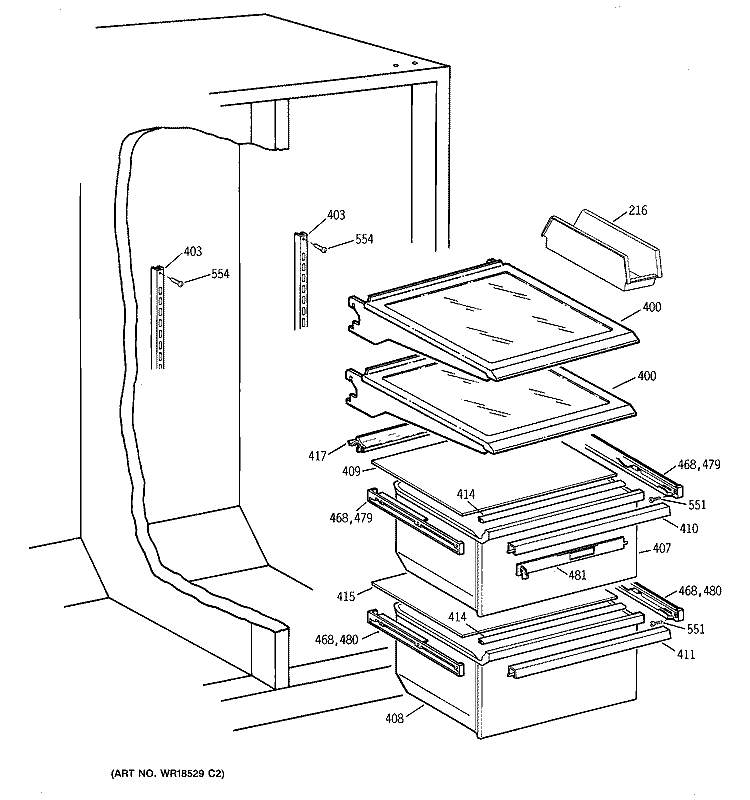 FRESH FOOD SHELVES Diagram and Parts List for TFX25KRCEWW  General Electric Refrigerator