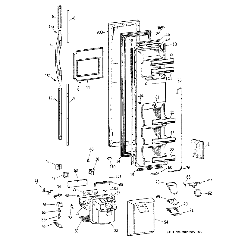 FREEZER DOOR Diagram and Parts List for TFG25PRBCWW  General Electric Refrigerator