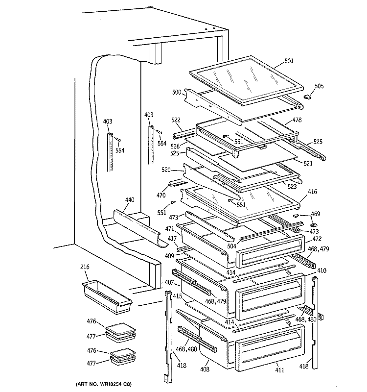 FRESH FOOD SHELVES Diagram and Parts List for TFJ28PFBCWW  General Electric Refrigerator