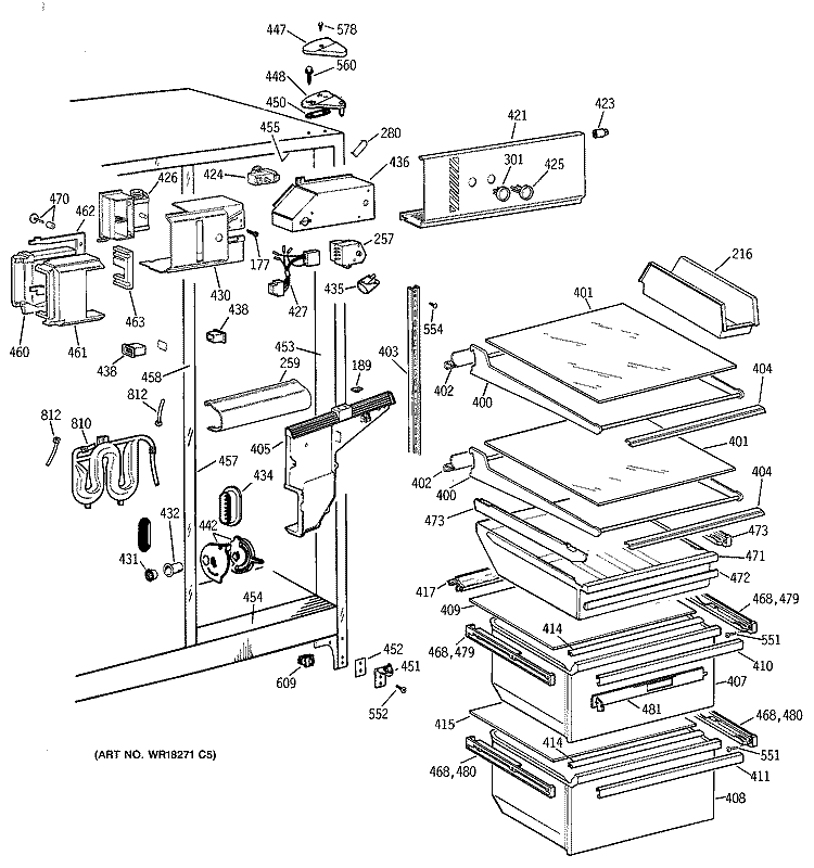 FRESH FOOD SECTION Diagram and Parts List for TFG25JRBCWW  General Electric Refrigerator