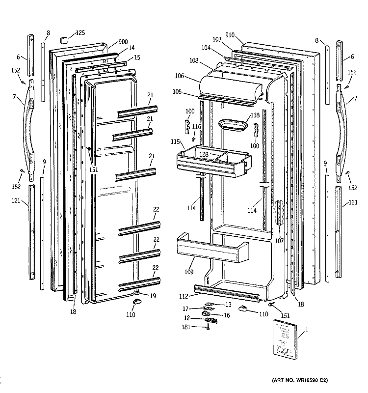 DOORS Diagram and Parts List for TFG25PABCWW  General Electric Refrigerator