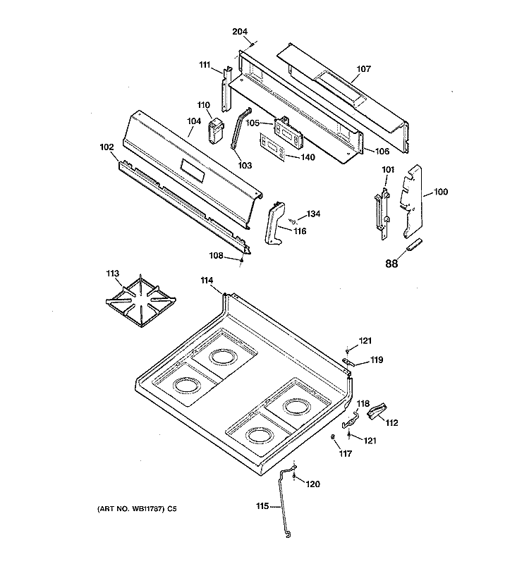 CONTROL PANEL & COOKTOP Diagram and Parts List for LGB128PEB1WW  General Electric Range