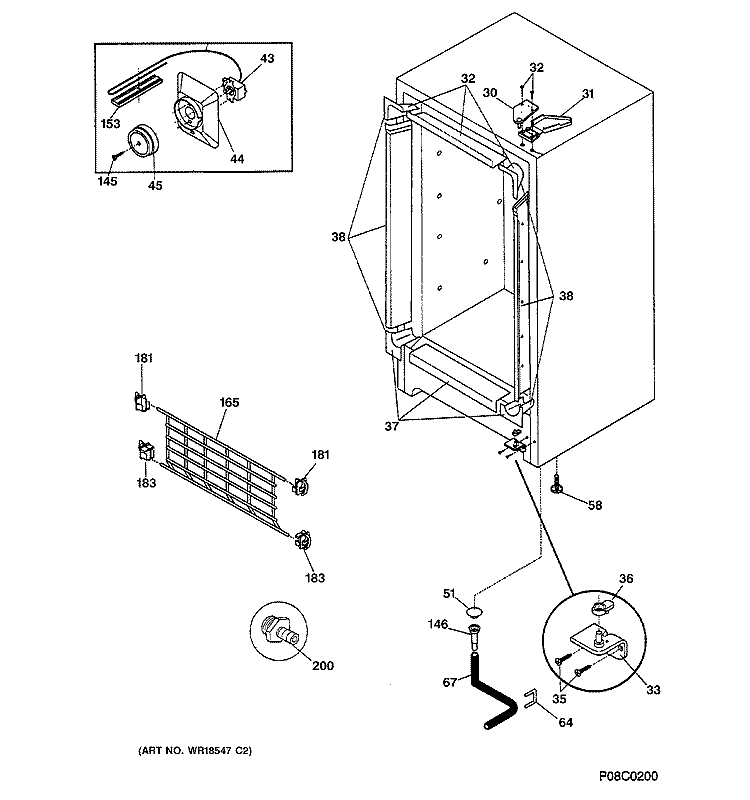 CABINET Diagram and Parts List for FUM17SAARWH  General Electric Freezer