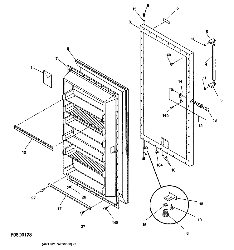 DOOR Diagram and Parts List for FUG20DACRWH  General Electric Freezer