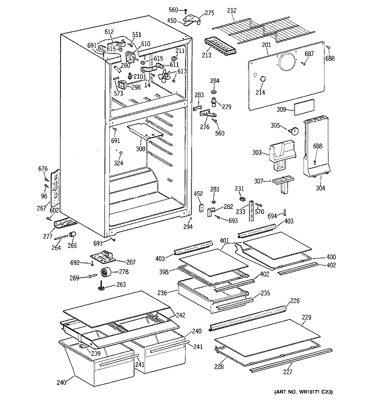CABINET Diagram and Parts List for TBT18NABNRWW  General Electric Refrigerator