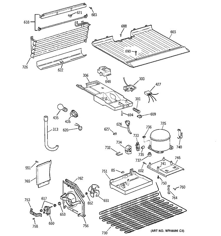 UNIT PARTS Diagram and Parts List for TBT18SABJRAA  General Electric Refrigerator