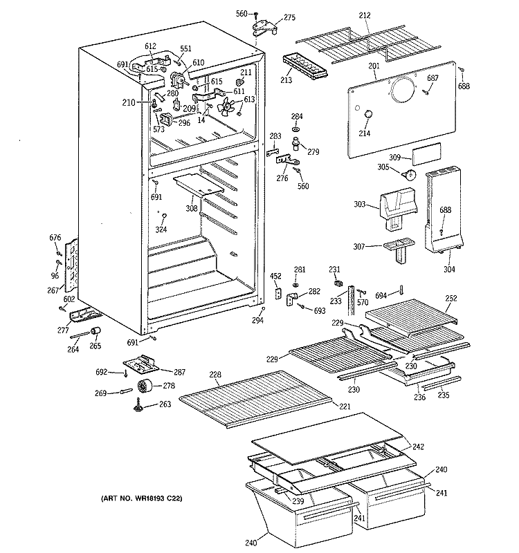 CABINET Diagram and Parts List for TBT18SABNRAA  General Electric Refrigerator