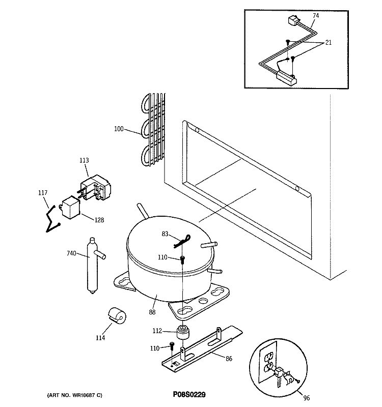 SYSTEM Diagram and Parts List for FCM20DACWH  General Electric Freezer